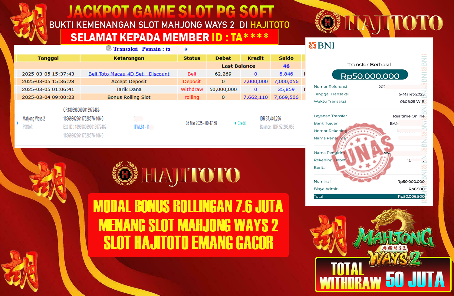 SELAMAT KEPADA PEMENANG MEMBER MERAIH JACKPOT DI GAME SLOT MAHJONG WAYS 2 TOTAL RP 50.000.000 DI BAYAR LUNAS